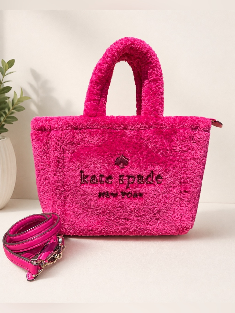 kate spade Ella Faux Shearling Small Tote Bag in Striking Pink w/Crossbody Strap - Picture 1 of 3